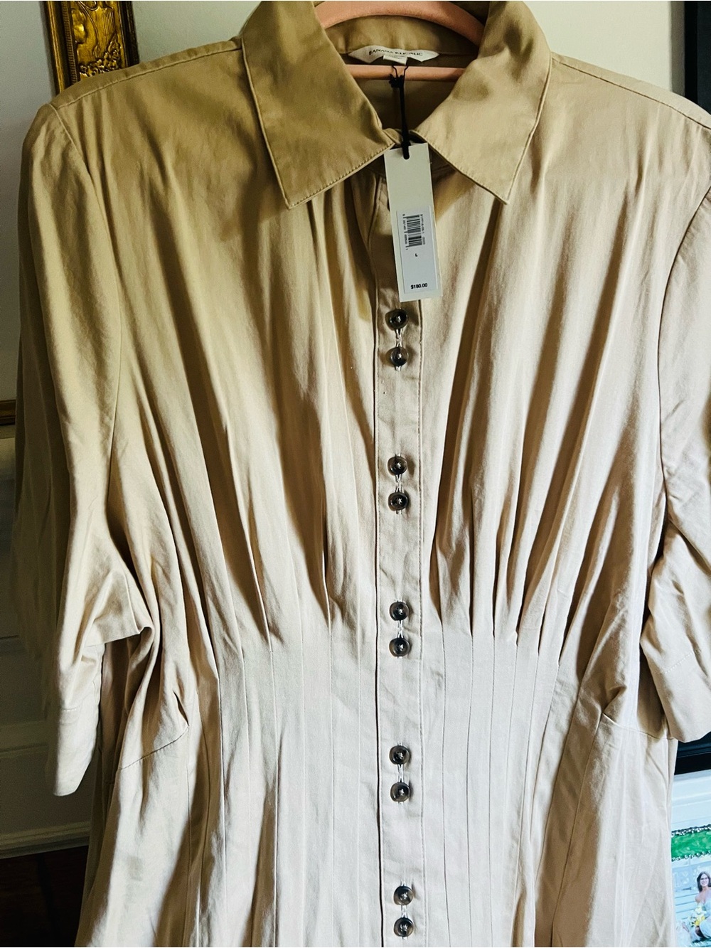 STRETCH-COTTON POPLIN PINTUCK LONG-MIDI SHIRT DRESS - Picture 3 of 4